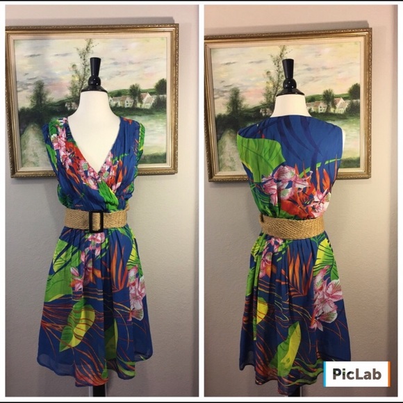 Dresses & Skirts - Madison Paige Tropical Print Dress W/Jute Belt